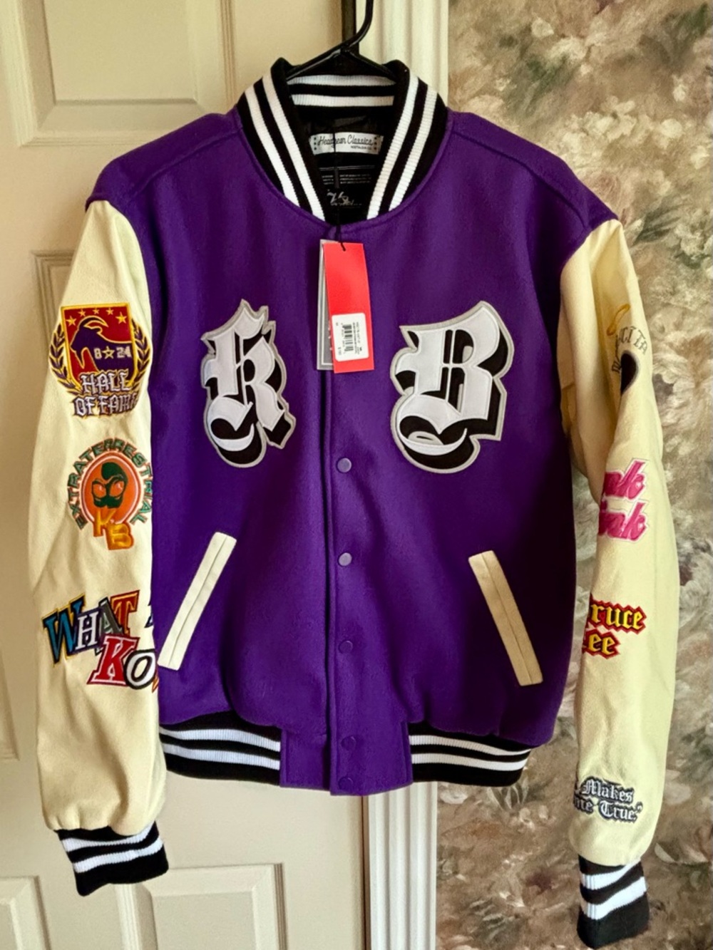 Purple and Cream Varsity Bomber Jacket with Script Patches